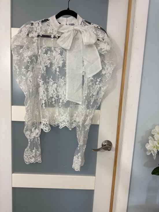 Eilly Bazar Tops - Sheer White Lace Bow-Neck Blouse